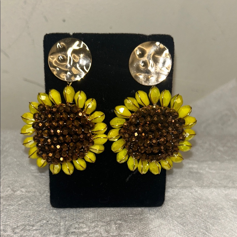 Golden Sunflower Earrings with Brown Accents